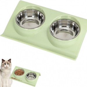 Bol dublu pentru hrana animalelor Taozoey, plastic/otel inoxidabil, argintiu/verde, 37,5 x 25 x 7,5 cm