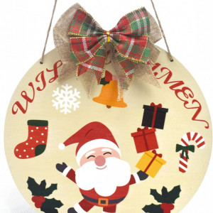 Decoratiune pentru usa de Craciun Makstore, multicolor, rotund, lemn, 30 x 30 cm