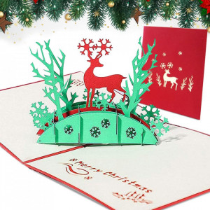 Felicitare 3D pentru Craciun, carton, alb/verde/rosu, 15 x 15 cm