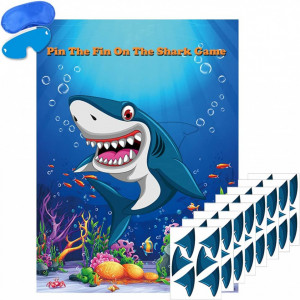 Joc pentru copii cu poster cu rechin si autocolante Fowecelt, hartie, albastru, 73 x 48 cm