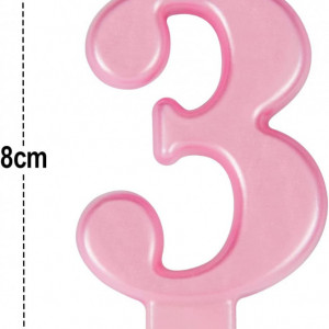 Lumanare pentru tort cifra 3 UVTQSSP, ceara, roz, 8 cm