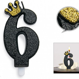 Lumanare pentru tort PARTY GO, cifra 6, ceara, negru/auriu, 9 cm