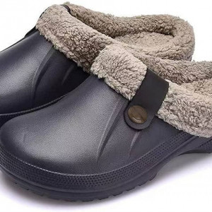 Papuci cu blana Coswind, cauciuc/textil, maro/gri, marimea 40-41