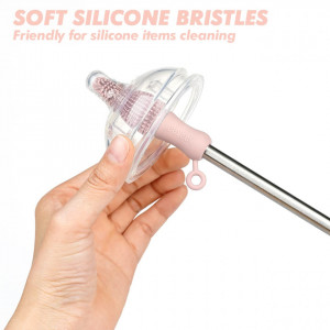 Perie pentru curatarea sticlelor Haakaa, silicon, argintiu/roz, 26,4 x 4,3 cm