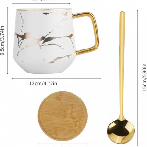Set cana cu lingurita si capac Richaa, ceramica/lemn/inox, auriu/alb/natur, 12 x 9,5 cm
