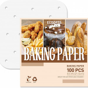 Set de 100 hartii de copt pentru friteuza ECOOPTS, alb, 21,5 x 21,5 cm