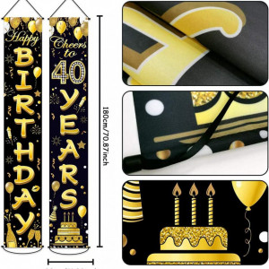 Set de 2 bannere aniversare Simmpu, textil, negru/auriu, 30 x 180 cm