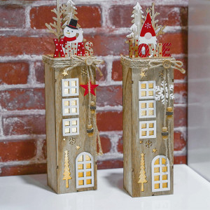 Set de 2 decoraiuni iluminate de Craciun Valery Madelyn, lemn, natur, 8.5 x 7.6 x 38.4 cm