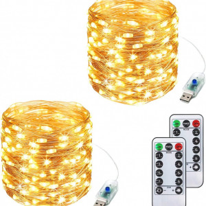 Set de 2 instalatii cu 200 de LED-uri ITICdecor, plastic, alb cald, USB, 8 moduri iluminare, 20 m