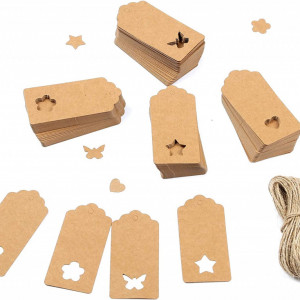 Set de 200 etichete si sfoara pentru cadouri WIWJ, hartie/textil, maro, 10,5 x 5,5 cm / 1,5 x 2 cm / 200 m