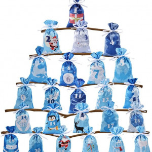 Set de 24 pungi pentru calendar de advent Motase, satin, albastru, 13 x 21,5 cm