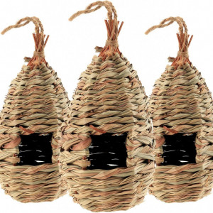 Set de 3 casute pentru pasarele Bestcool, iarba uscata, natur, 23 × 11 × 11cm