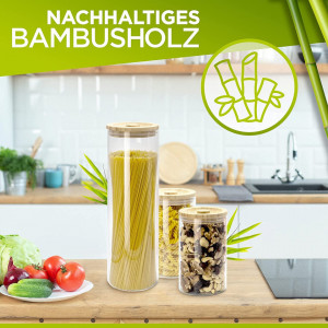 Set de 3 recipiente pentru alimente Wikoro, sticla/bambus, transparent/natur