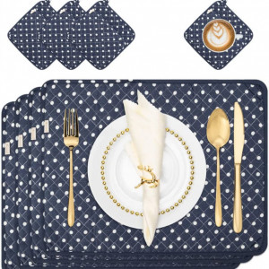 Set de 4 naproane si 4 coastere NEOVIVA, buline,albastru/alb, bumbac, 30 x 45 cm / 20 x 20 cm
