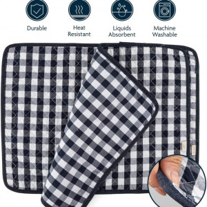 Set de 4 naproane si 4 coastere NEOVIVA, negru/alb, bumbac, 30 x 45 cm / 20 x 20 cm
