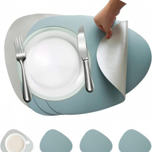 Set de 4 naproane si 4 coastere WOOKIT, PVC, albastru deschis/argintiu, 41x 34 cm / 11 x 13 cm