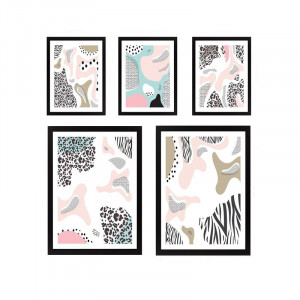 Set de 5 tablouri Anonymous, lemn, roz/albastru/negru