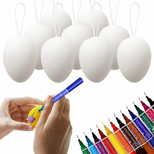 Set de 50 de oua pentru Paste si 12 markere XJOO, plastic, alb, 6 x 4 cm