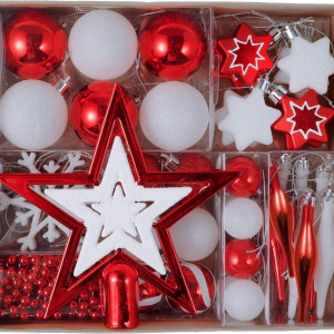 Set de 53 globuri Valery Madelyn, plastic, alb/rosu, 3-5 cm
