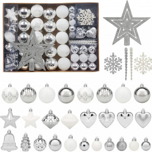 Set de 78 globuri de Craciun ROSELEAF, alb/argintiu, plastic