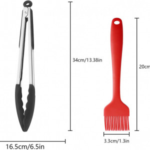 Set de cleste si pensula pentru gratar, rosu/negru/argintiu, silicon/otel inoxidabil, 34 x 16,5 cm / 20 x 3,3 cm