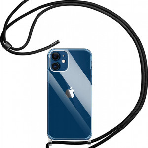 Set de husa cu snur si 2 folii de protectie pentru iPhone 12 Pro YIRSUR, plastic/sticla/metal, transparent/negru