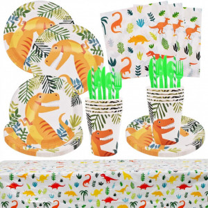 Set de vesela cu 71 piese Nesloonp, dinozauri, hartie, multicolor, 16 persoane
