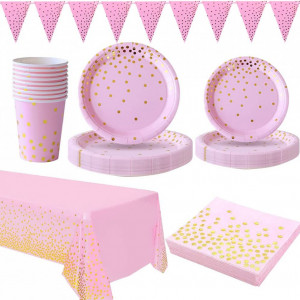 Set de vesela pentru petrecere Amycute, carton, roz/auriu, 82 piese