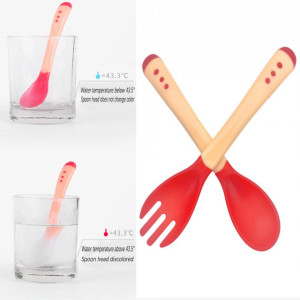 Set furculita si lingura pentru copii FYACCD, polipropilena, bej/roz, 14 cm