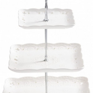 Suport cu 3 nivele pentru prajituri VIVILINEN, ceramica/metal, alb/argintiu, 25 x 25 x 37 cm