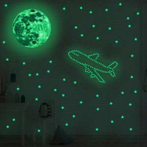 Autocolante luminoase de perete DAXIAO, luna si stele, verde, PVC, 30 x 30 cm / 12,5 x 17,5 cm