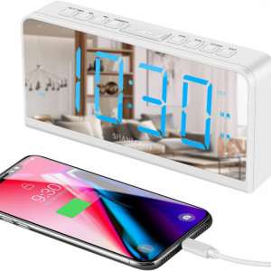 Ceas cu alarma SHANLONYI, afisaj LED, incarcare USB, alb/albastru, 17,7 x 3,8 x 9,5 cm