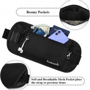 Centura pentru fitnes cu buzunar pentru telefon si casti Kookoomia, nailon, negru, 36 x 14,8 cm / 69-103 cm