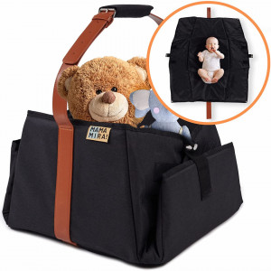 Geanta/patura pentru bebelusi MAMA MIRA!, poliester/piele PU, negru/maro, 50 x 58 cm