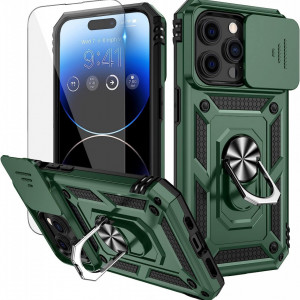 Husa de protectie cu inel compatibil cu iPhone 14 Pro HWeggo, policarbonat/poliuretan, verde, 6,1 inchi