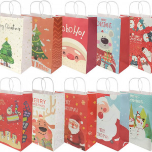 Set de 10 pungi pentru cadouri de Craciun RIOGOO, hartie, multicolor, 33 x 25 x 12 cm