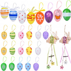 Set de 12 oua colorate de Paste si 2 pandative iepuras Ulikey, lemn, multicolor, 4 x 3 cm / 6 x 4 cm