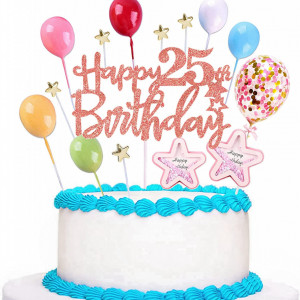 Set de 15 decoratiuni pentru decorare tort 25 de ani Ouceanwin, multicolor, plastic/hartie