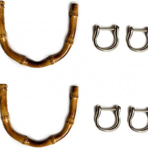 Set de 2 manere pentru geanta/sacosa ZouWei, bambus/metal, maro/argintiu, 12,5 x 10 cm / 2,5 x 3 cm