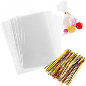 Set de 200 pungi cu arcuri de celofan pentru dulciuri JZK, plastic, transparent, 8 x 12,5 cm