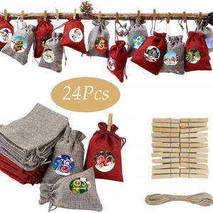 Set de 24 saculeti 24 cleme si 24 stickere pentru calendarul de advent Dsplopk, lemn/in/PVC, multicolor