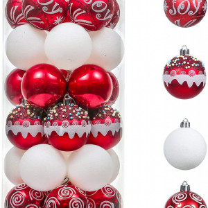 Set de 30 globuri Valery Madelyn, plastic, alb/rosu, 6 cm