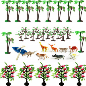 Set de 34 decoratiuni pentru decorare tort Woohome, tematica jungla, plastic, multicolor, 15/ 13,5/ 7 cm