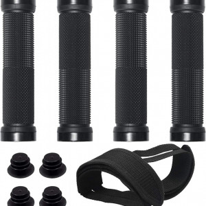 Set de 4 mansoane cu capace pentru bicicleta si 2 curele pentru pedale LOPOTIN, cauciuc/textil, negru