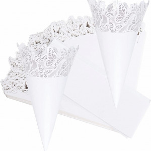 Set de 50 conuri pentru nunta Wolfteeth, alb, hartie, model fluture, 14 x 14 cm