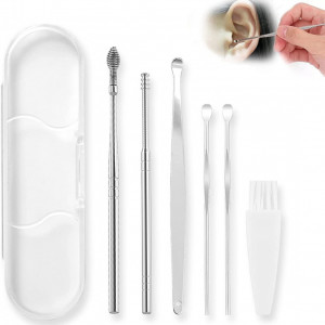 Set de 6 accesorii pentru indepartarea cerumenului HELOVGE, otel inoxidabil, argintiu