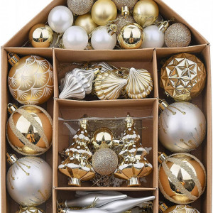 Set de 70 decoratiuni pentru bradul de Craciun Valery Madelyn, plastic, alb/auriu, 3-9 cm