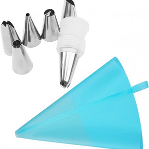 Set de 8 duze si sac pentru glazura torturi/prajituri SET WALTTER, argintiu/ albastru otel inoxidabil/silicon