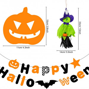Set de banner cu 6 decoratiuni de Halloween Qpout, multicollor, hartie, 11 x 10 cm / 14 x 33 cm
