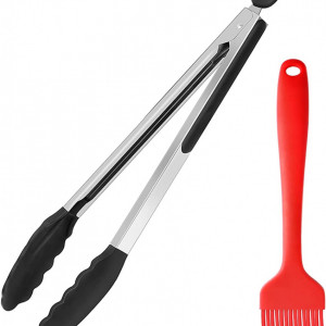 Set de cleste si pensula pentru gratar, rosu/negru/argintiu, silicon/otel inoxidabil, 34 x 16,5 cm / 20 x 3,3 cm